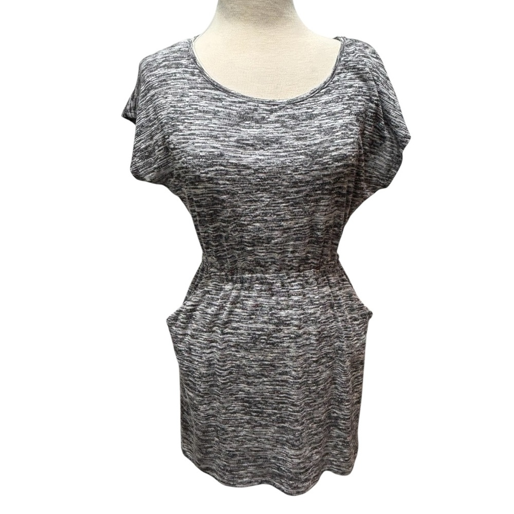 Grey‎ Knit Mini Dress Elastic Waist Cap Sleeve Pockets Scoop Neck Small #562